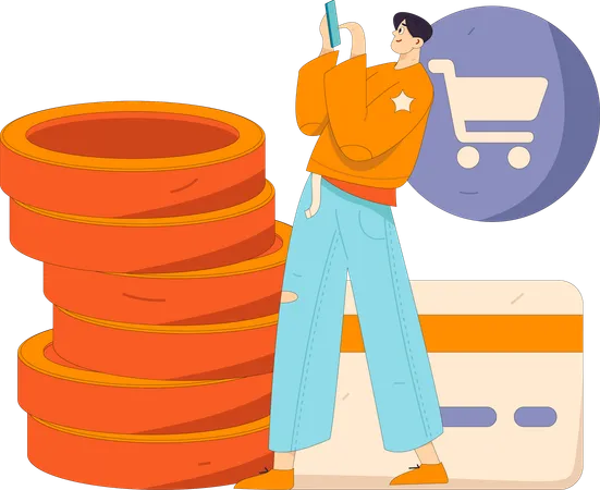 Hombre haciendo pago de compras en línea  Ilustración