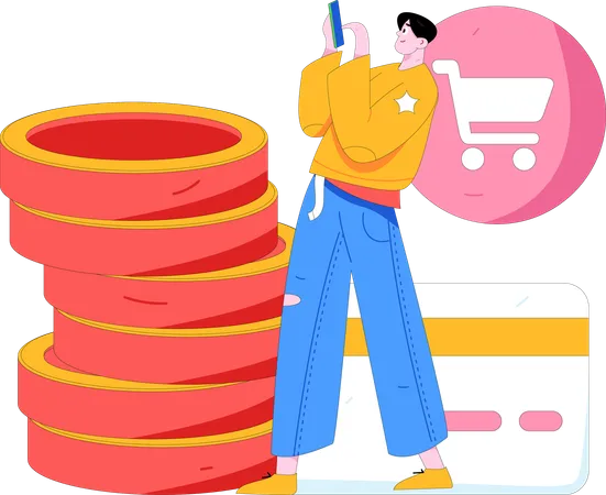 Hombre haciendo pago de compras en línea  Ilustración