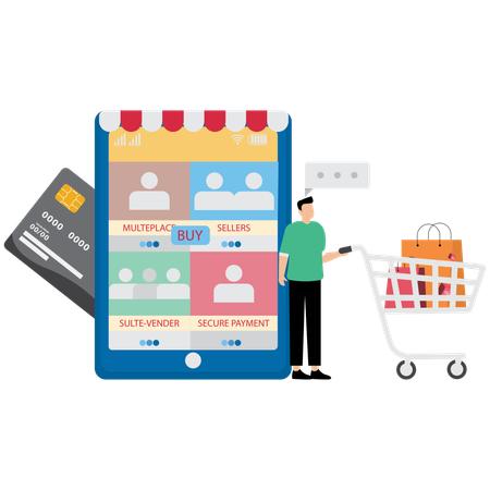 Hombre haciendo compras en Marketplace  Ilustración