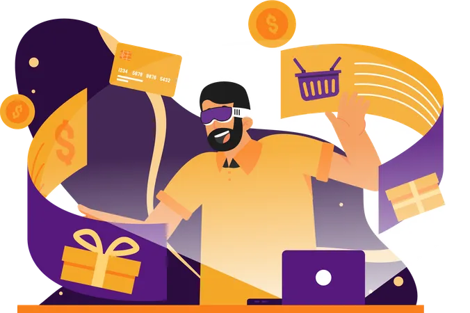 Hombre haciendo compras usando realidad virtual  Ilustración