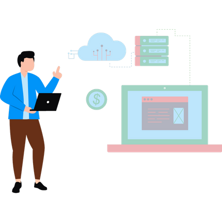 Hombre haciendo computación en la nube  Ilustración