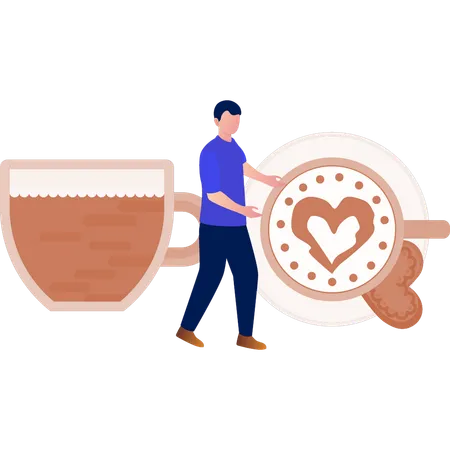 Hombre haciendo un corazón en una taza de café  Ilustración