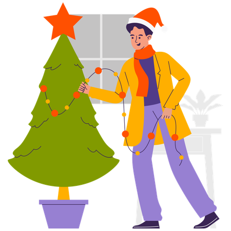 Hombre haciendo la decoración del árbol de Navidad  Ilustración