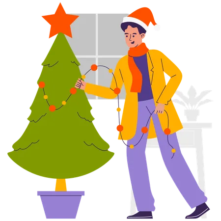 Hombre haciendo la decoración del árbol de Navidad  Ilustración