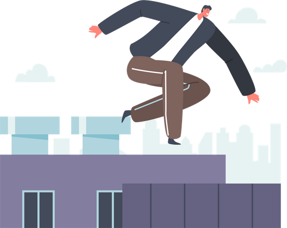 Hombre haciendo deporte extremo de parkour sobre la ciudad  Ilustración