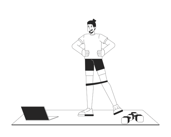 Hombre haciendo ejercicio con banda de resistencia sobre una colchoneta de yoga con mancuernas y una computadora portátil  Ilustración