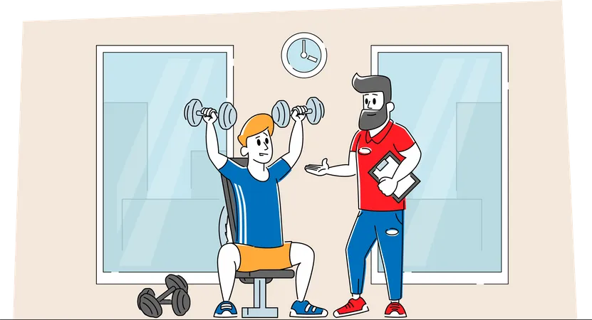 Hombre haciendo ejercicio de hombro en el gimnasio con entrenador  Ilustración
