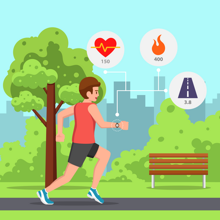 Hombre haciendo ejercicio para correr por la mañana usando un monitor de frecuencia cardíaca  Ilustración