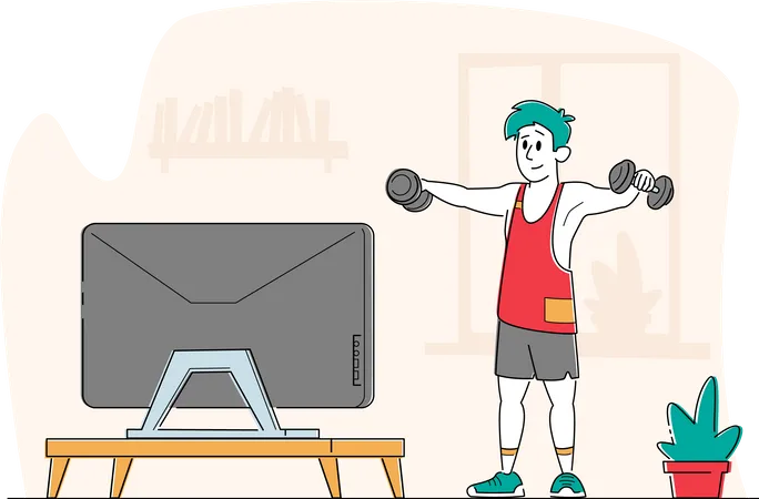 Hombre haciendo ejercicio mientras ve un programa de televisión  Ilustración