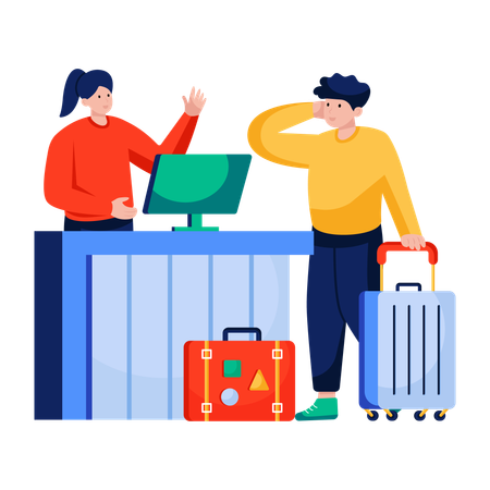 Hombre haciendo el check-in en el hotel  Ilustración