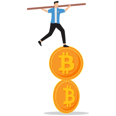 Hombre haciendo equilibrio sobre bitcoin  Ilustración