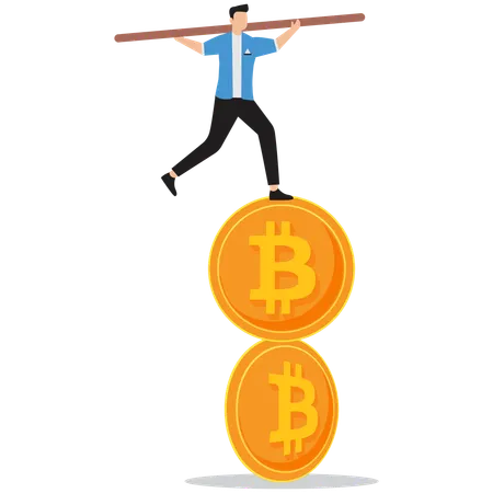 Hombre haciendo equilibrio sobre bitcoin  Ilustración