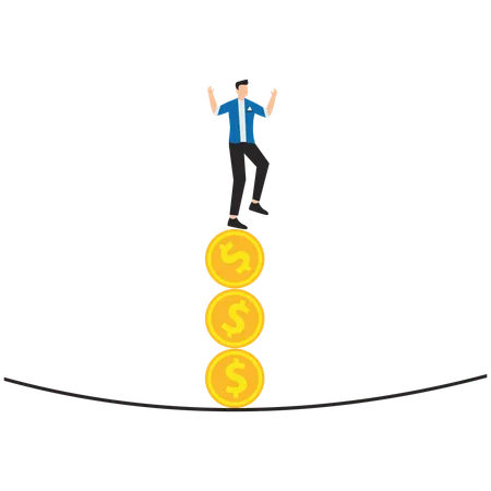 Hombre haciendo equilibrio sobre una pila de monedas que cae  Ilustración