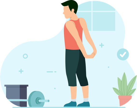 Hombre haciendo estiramientos de hombros en el gimnasio  Illustration