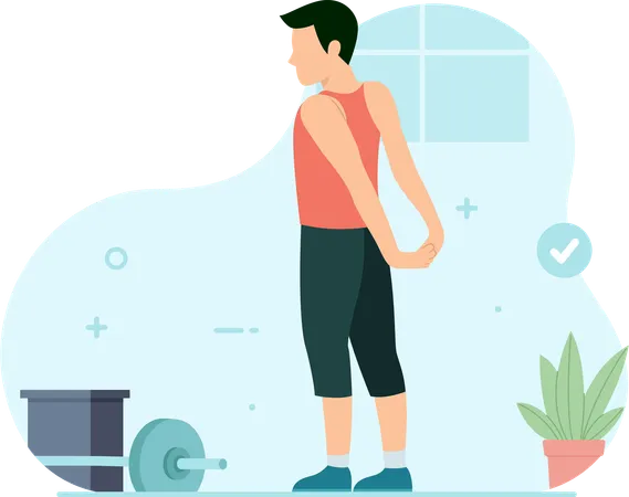 Hombre haciendo estiramientos de hombros en el gimnasio  Illustration