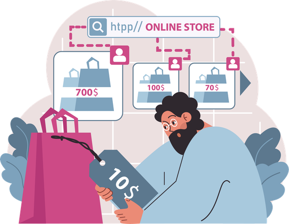 Hombre haciendo estrategias de precios de tiendas online para optimizar el posicionamiento en el mercado  Ilustración