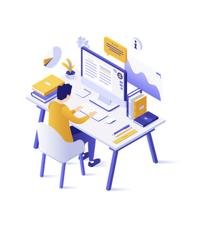 Hombre haciendo estudio en línea  Ilustración