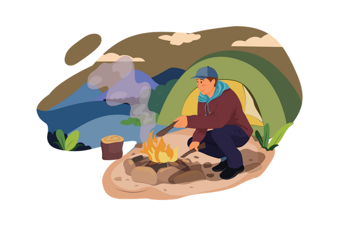 Hombre haciendo fuego de campamento  Ilustración