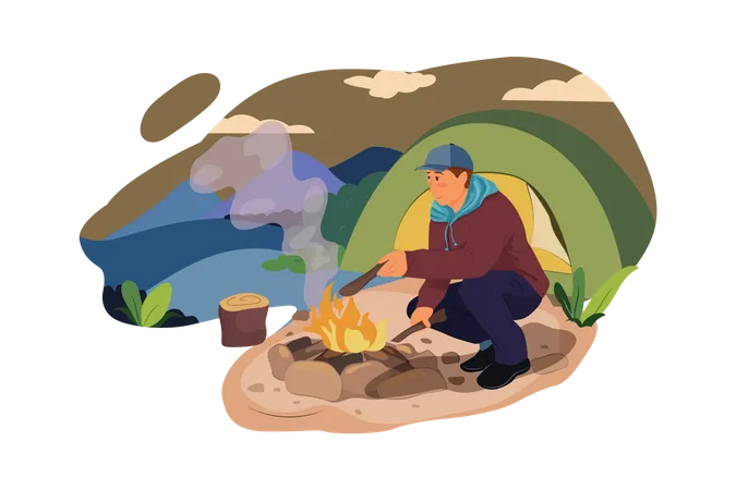 Hombre haciendo fuego de campamento  Ilustración