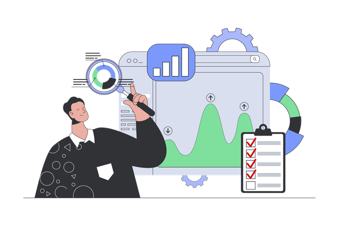 Hombre haciendo investigación con diagramas y gráficos.  Ilustración