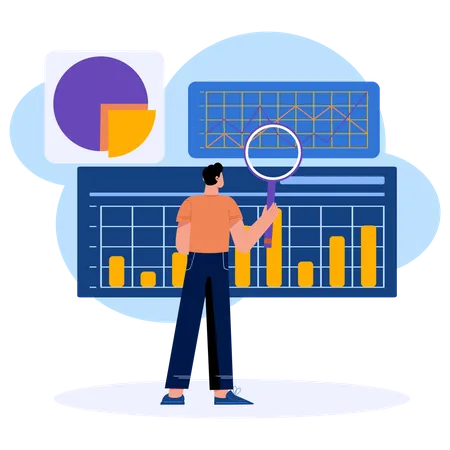 Hombre haciendo investigación sobre datos de análisis.  Ilustración