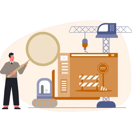 Hombre investigando sobre obras de construcción  Ilustración