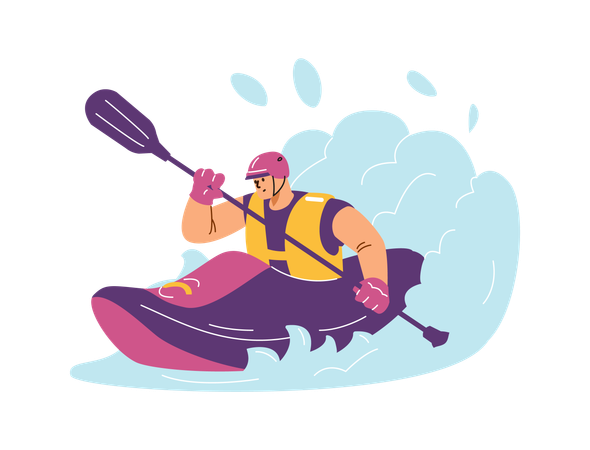 Hombre haciendo kayak en el agua  Ilustración