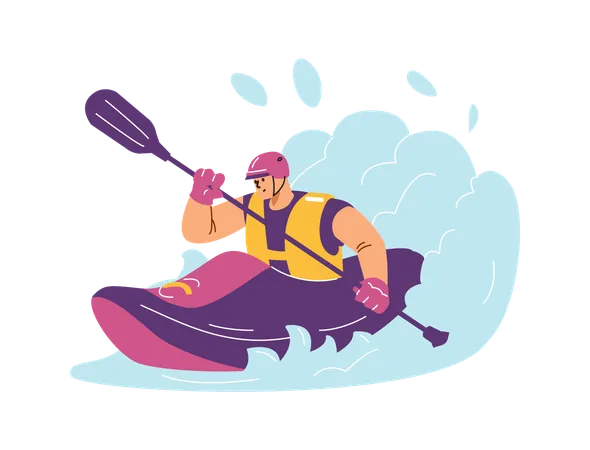 Hombre haciendo kayak en el agua  Ilustración