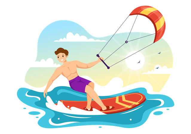 Hombre haciendo kitesurf  Ilustración