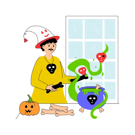 Hombre haciendo líquido en una olla de Halloween  Ilustración