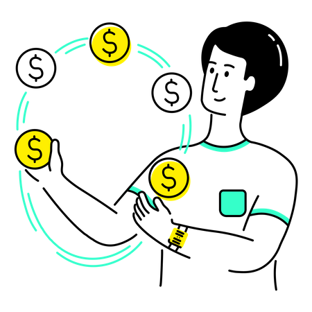Hombre haciendo malabares con monedas  Ilustración