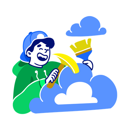 Hombre haciendo minería en la nube  Ilustración