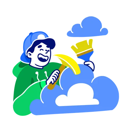 Hombre haciendo minería en la nube  Ilustración