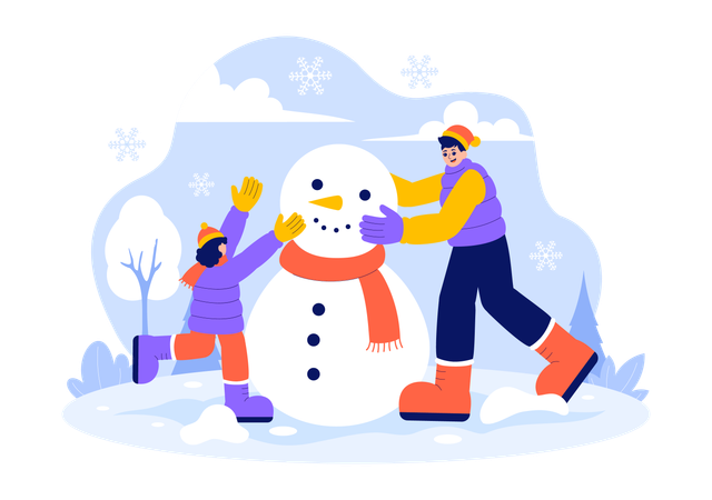 Hombre haciendo muñeco de nieve con niños  Ilustración