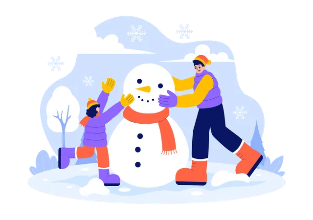 Hombre haciendo muñeco de nieve con niños  Ilustración