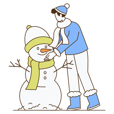 Hombre haciendo muñeco de nieve en invierno  Ilustración