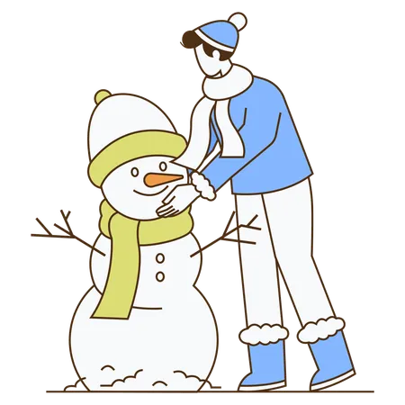 Hombre haciendo muñeco de nieve en invierno  Ilustración