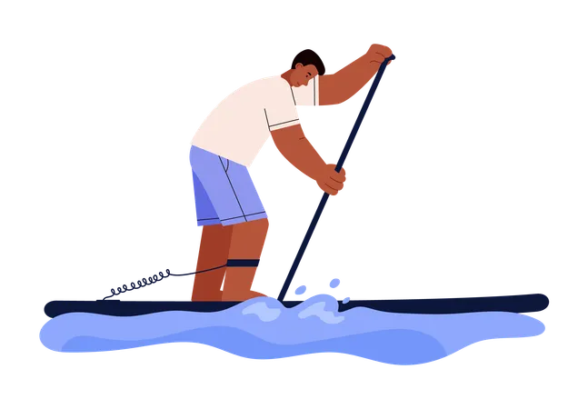 Hombre haciendo paddle surf en el océano  Ilustración