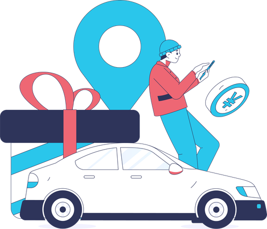 Hombre haciendo pago móvil por servicio de alquiler de coches  Ilustración