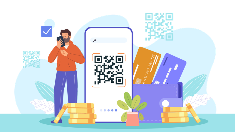 Hombre realizando un pago mediante código QR  Ilustración