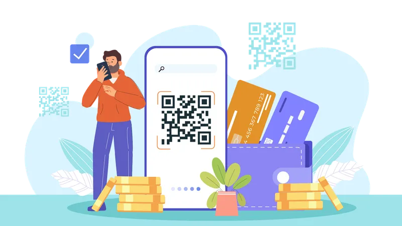 Hombre realizando un pago mediante código QR  Ilustración