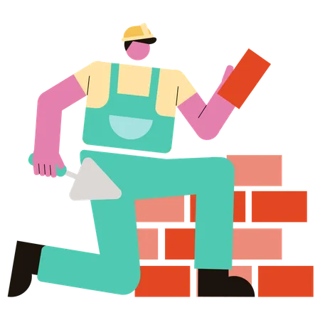 Hombre haciendo pared de ladrillos  Ilustración
