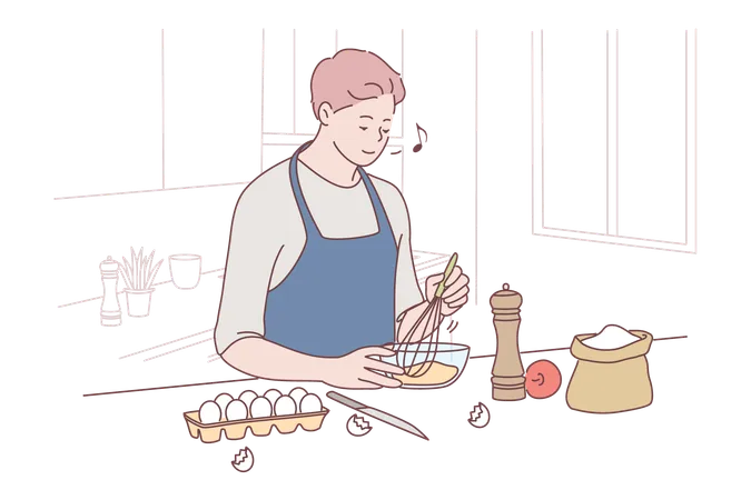 Hombre haciendo plato de huevos  Ilustración
