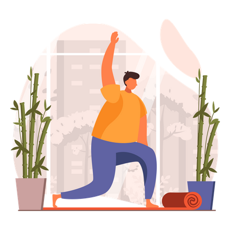 Hombre haciendo yoga pose de guerrero  Ilustración