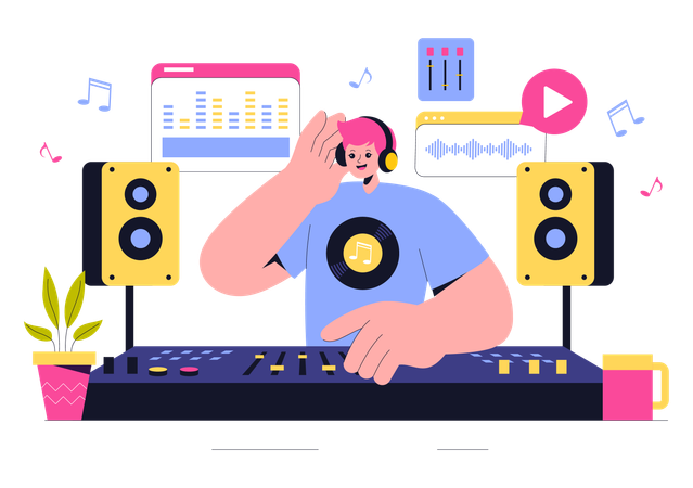 Hombre haciendo producción musical en estudio.  Ilustración