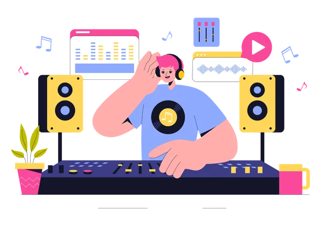 Hombre haciendo producción musical en estudio.  Ilustración