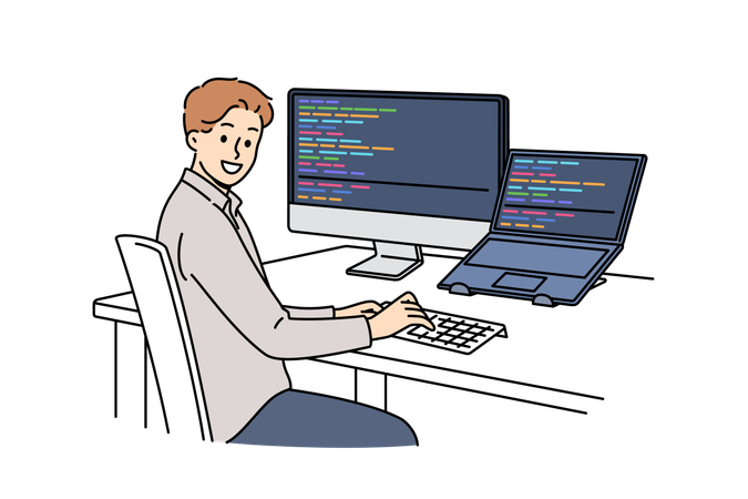 Hombre haciendo programación en computadora  Ilustración