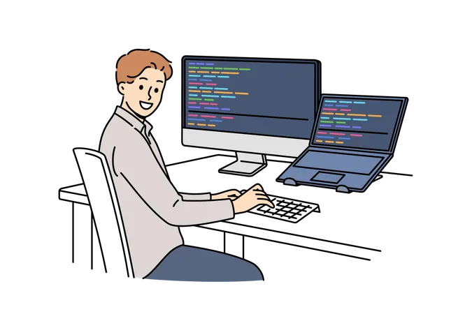 Hombre haciendo programación en computadora  Ilustración