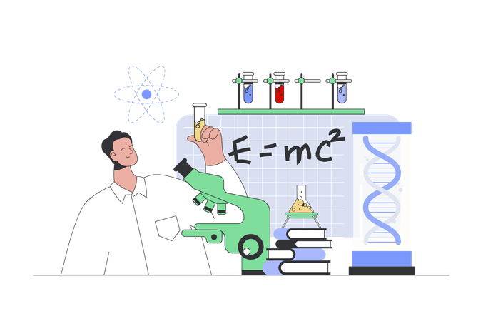 Hombre haciendo pruebas de laboratorio en matraz  Ilustración