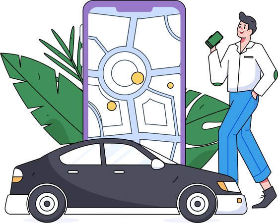 Hombre haciendo una reserva de taxi en línea  Ilustración